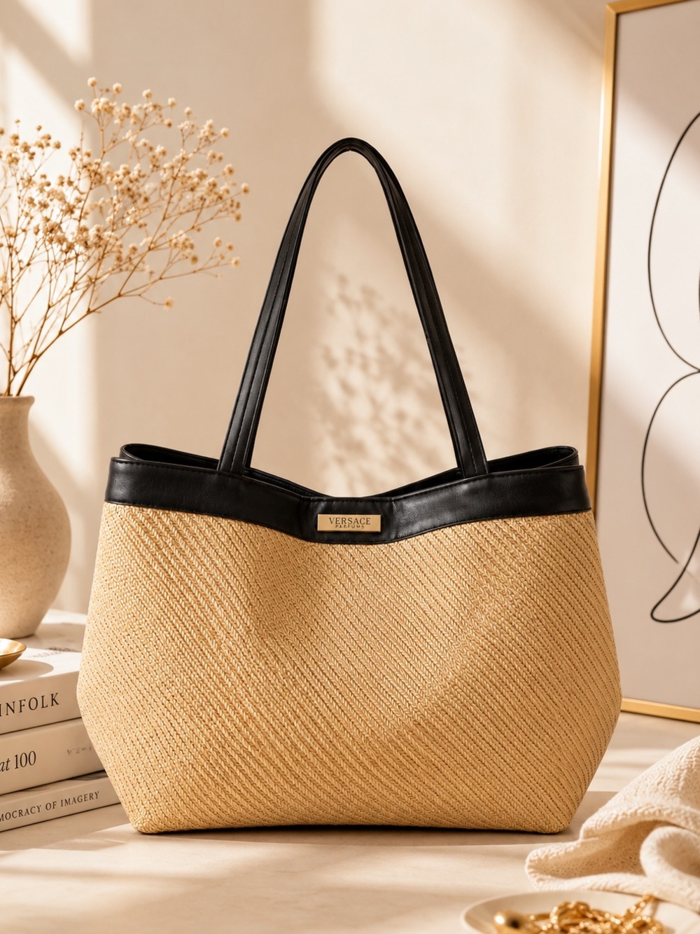 Versace Parfums Straw Tote Beach Bag Black Trim Large Woven Shoulder Tote New